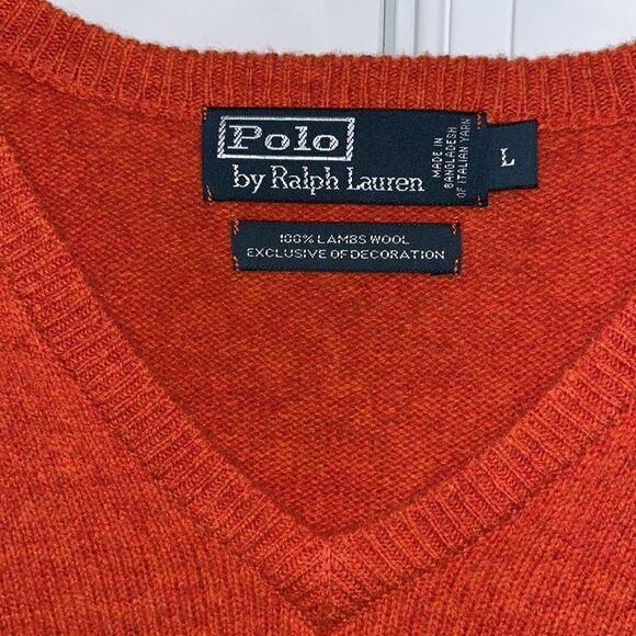 Orange w/ Blue Pony Lambswool Polo by Ralph Lauren v neck LS winter wool sweater - Picture 3 of 4